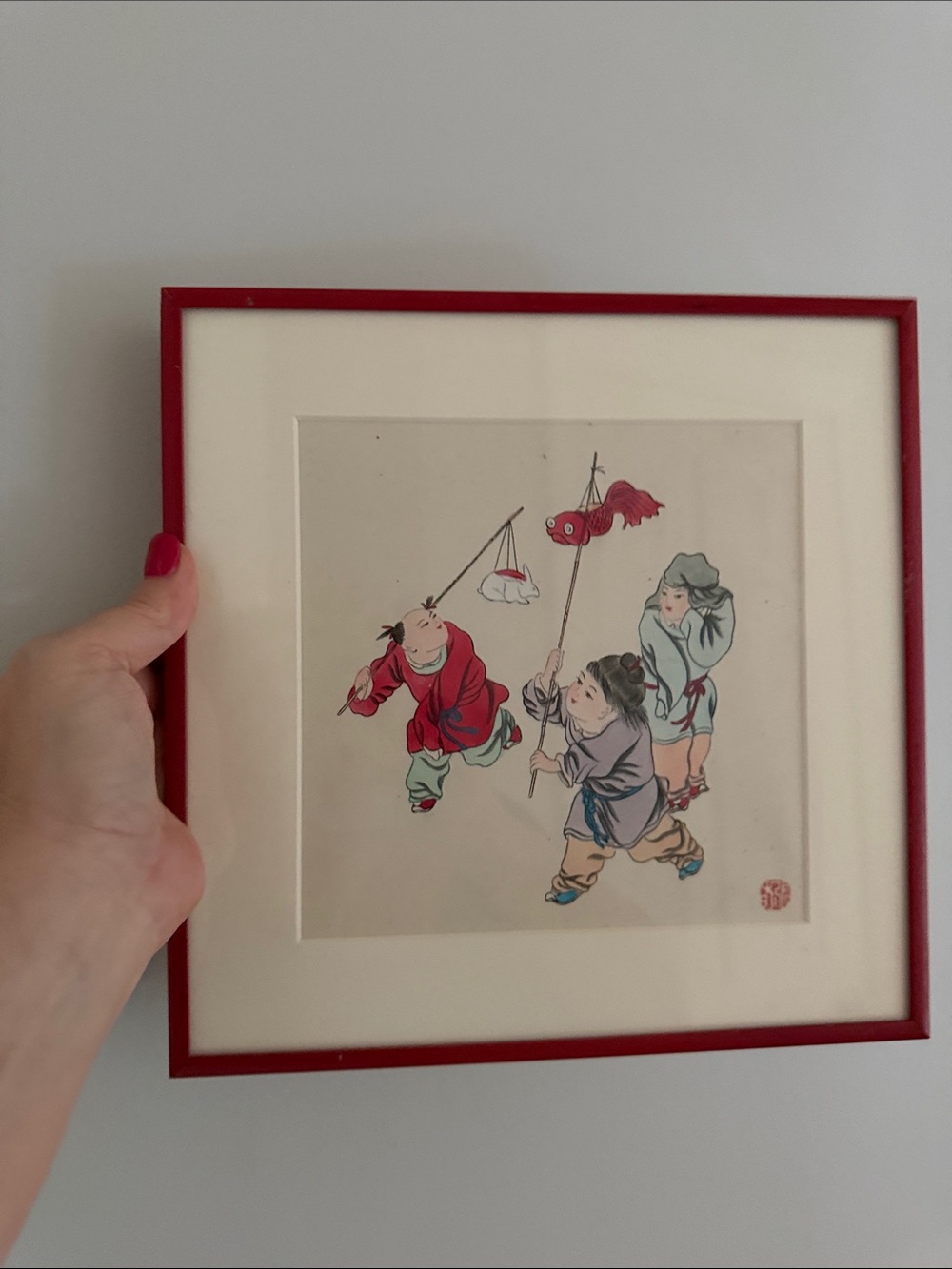 Red Framed Traditional Asian Children Illustration Wall Art Stamped by Artist